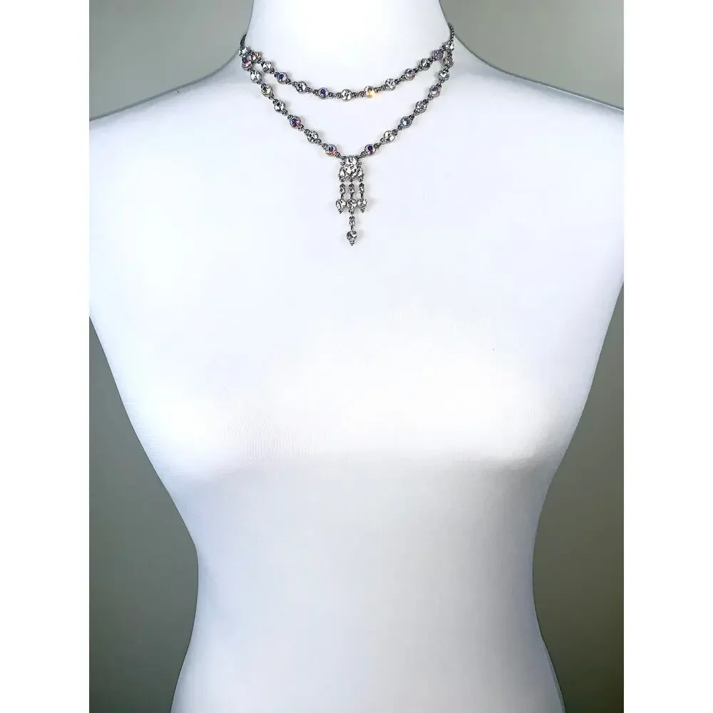 Vintage Silver Double Strand Clear Prism Crystal Drop Statement Necklace